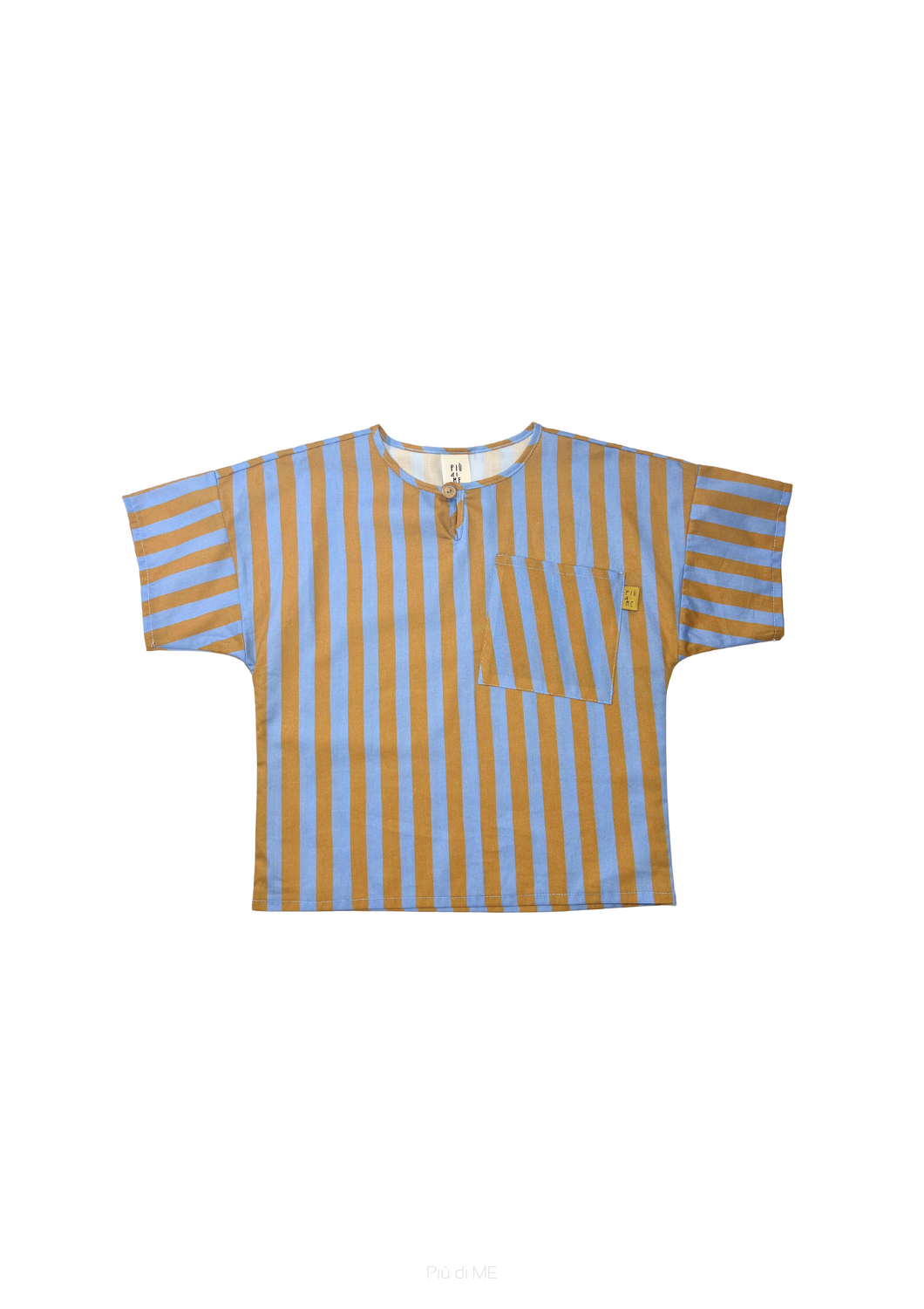 067-25 T-SHIRT WH BUTTON LIGHT BLUE & OCHRE STRIPES  ( 100% COTTON ) 
