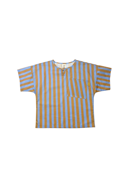 067-25 T-SHIRT WH BUTTON LIGHT BLUE & OCHRE STRIPES  ( 100% COTTON ) 