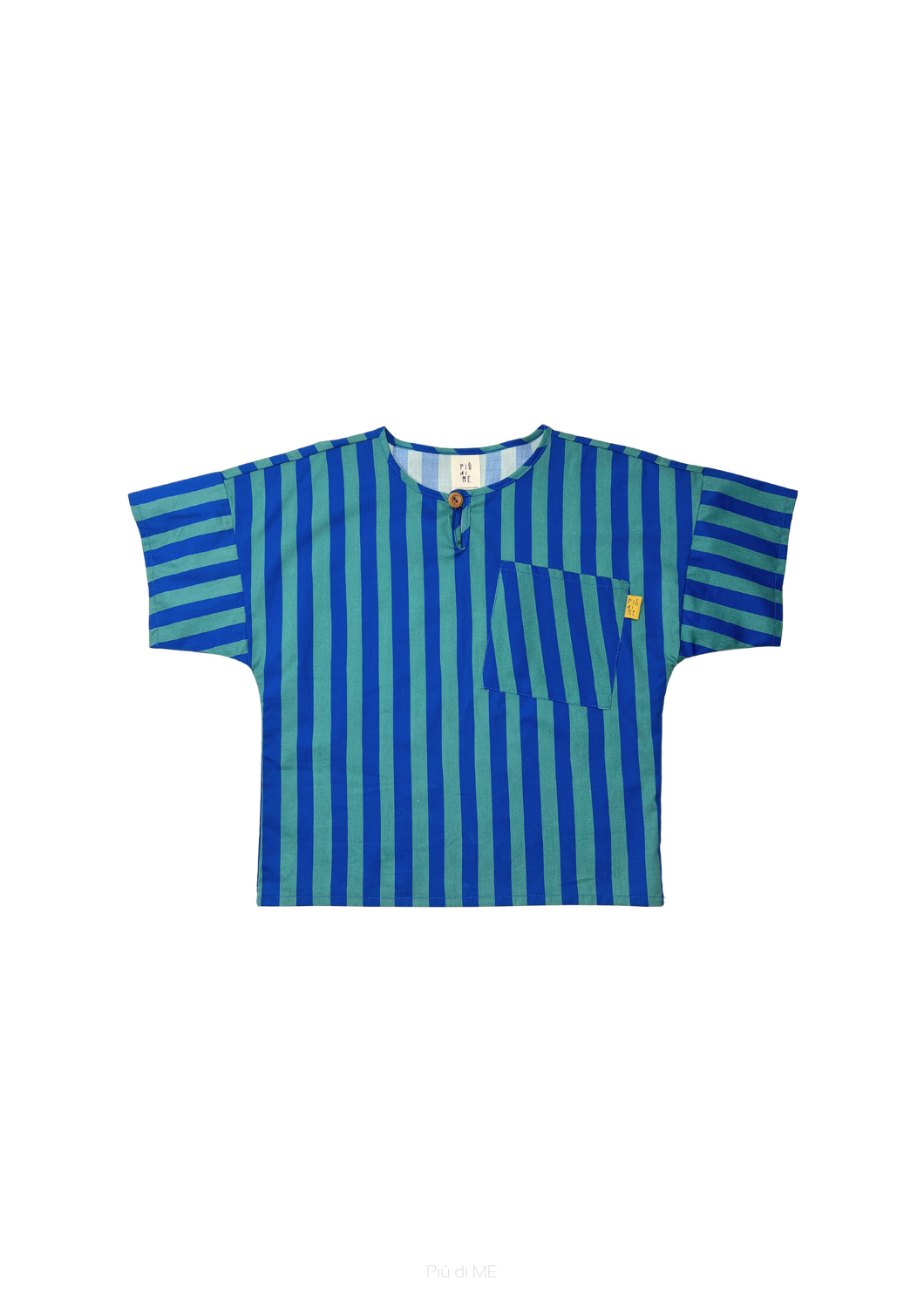 066-25 T-SHIRT WH BUTTON BLUE & GREEN STRIPES   ( 100% COTTON ) 