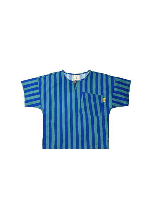 066-25 T-SHIRT WH BUTTON BLUE & GREEN STRIPES   ( 100% COTTON ) 