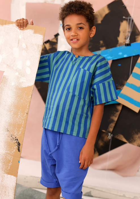066-25 T-SHIRT WH BUTTON BLUE & GREEN STRIPES   ( 100% COTTON ) 